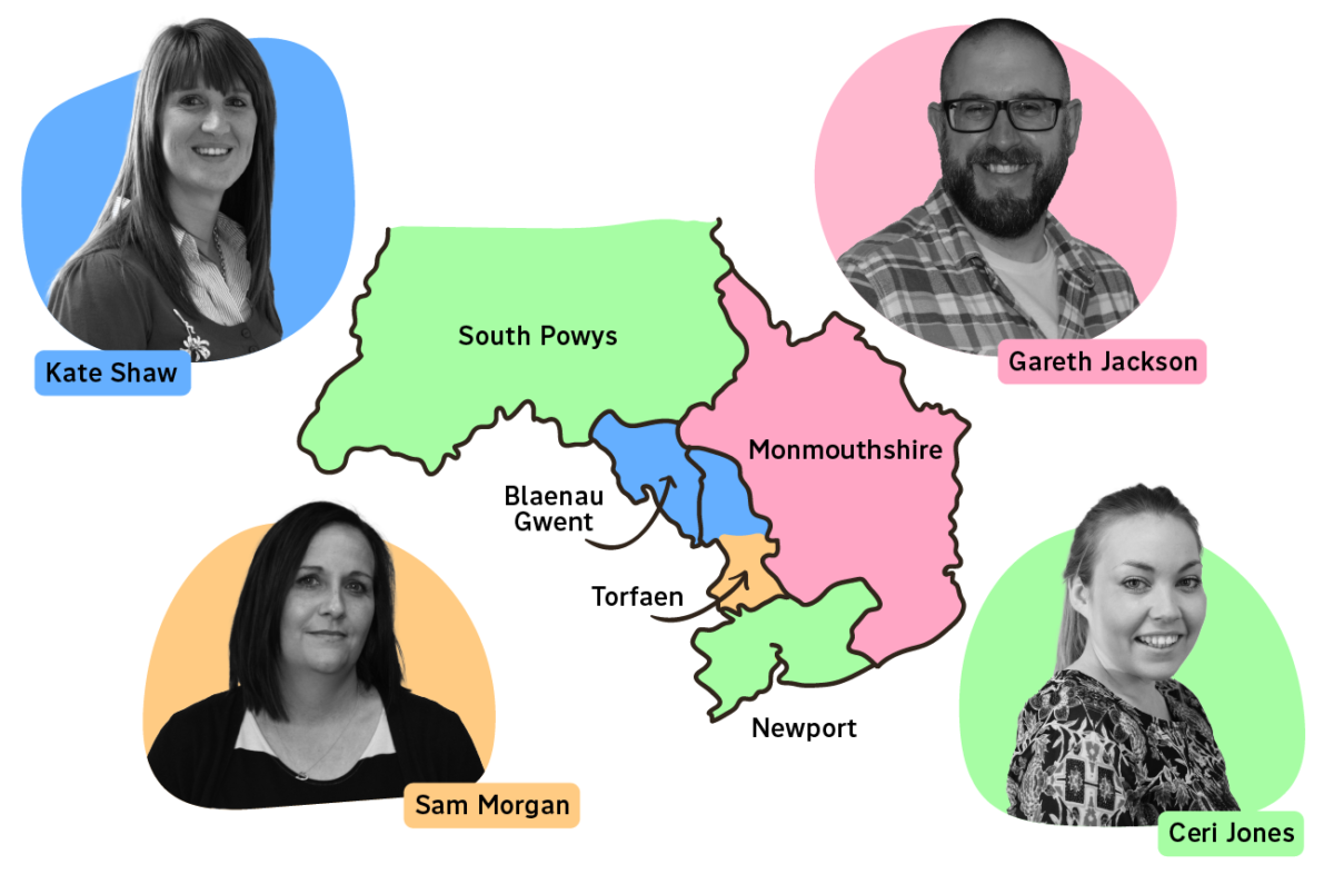 Ffotograffau portread o Kate, Gareth, Sam a Ceri, ynghyd â map o dde-ddwyrain Cymru