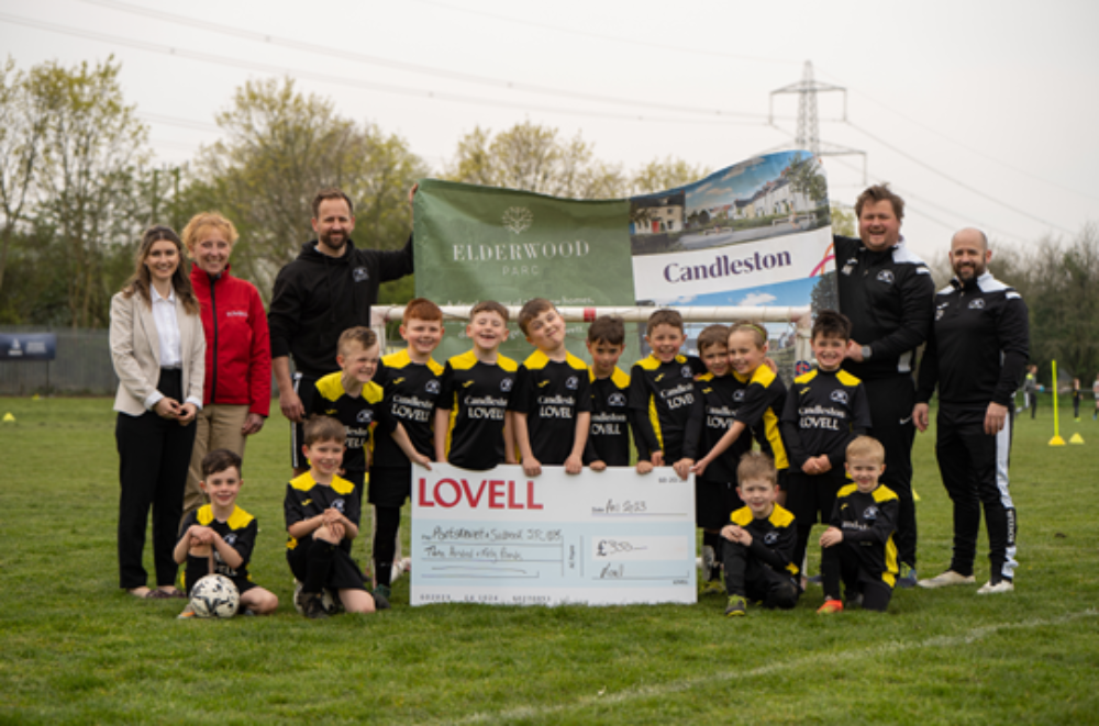A photo of staff from Candleston and coaches and players of Portskewett and Sudbrook Football Club together