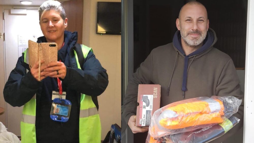 A man and a woman wearing work clothes