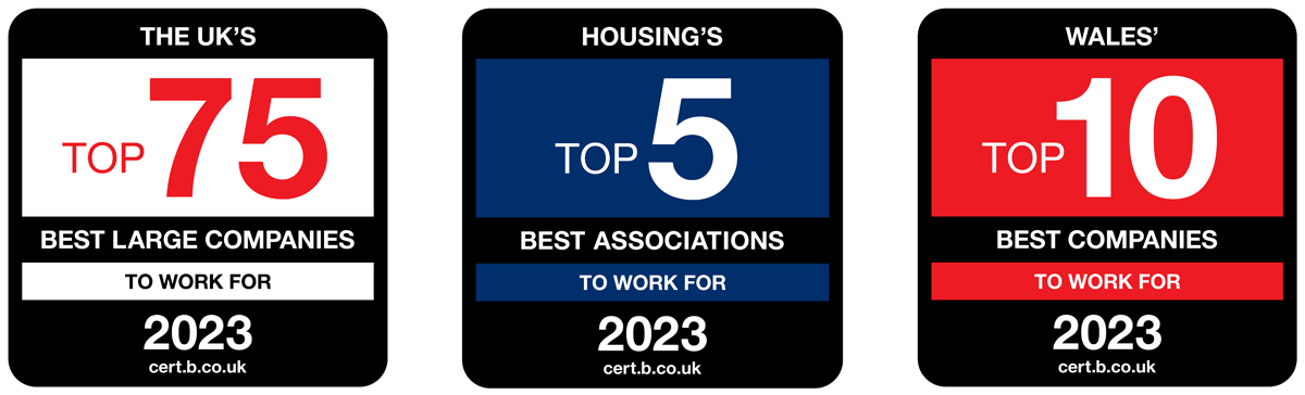 The UK's 100 Best Companies logo, Housing's 25 Best Associations, and Wales' 30 Best Companies logo