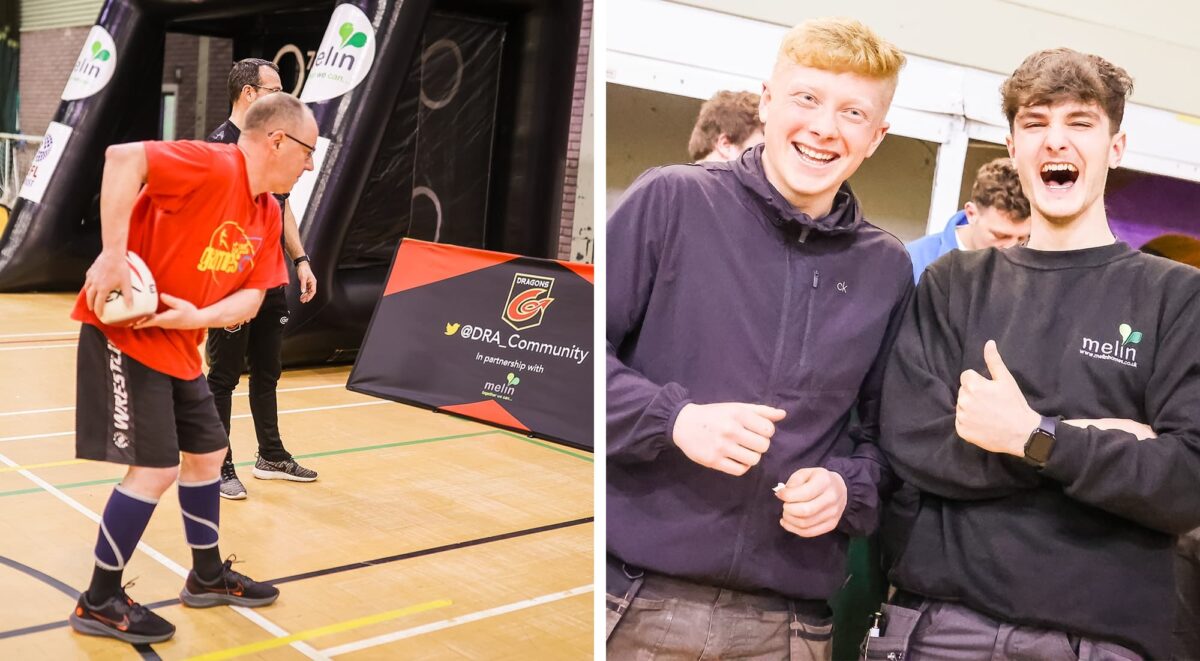 One Melin staff throwing a rugby ball and a separate image of two Melin staff laughing