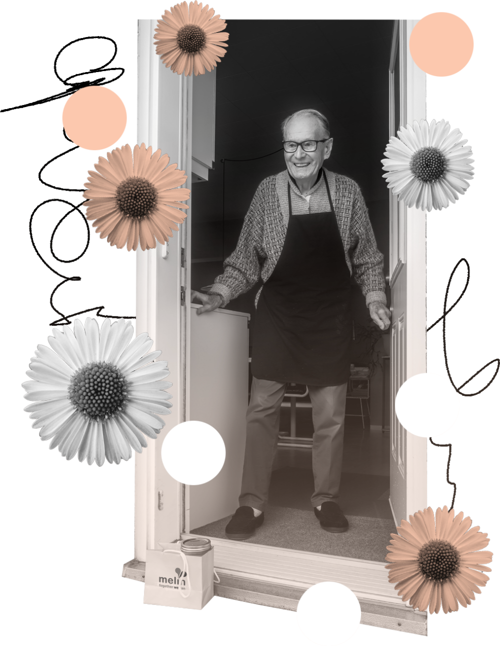 A collage of a Melin resident with a gift bag at his door