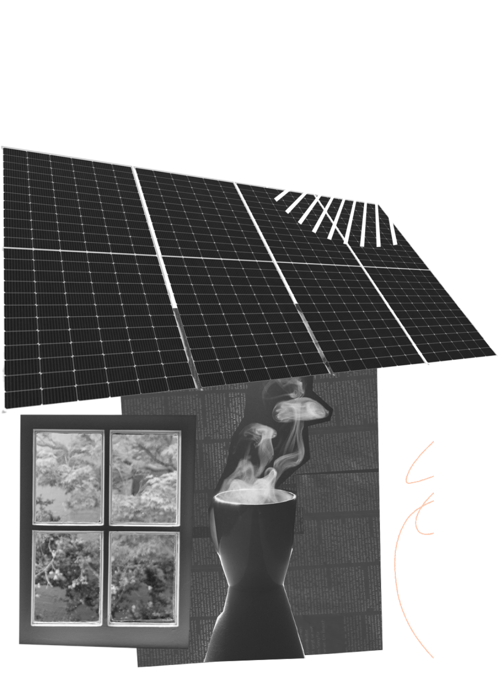 A collage of a house with solar panels in the sun