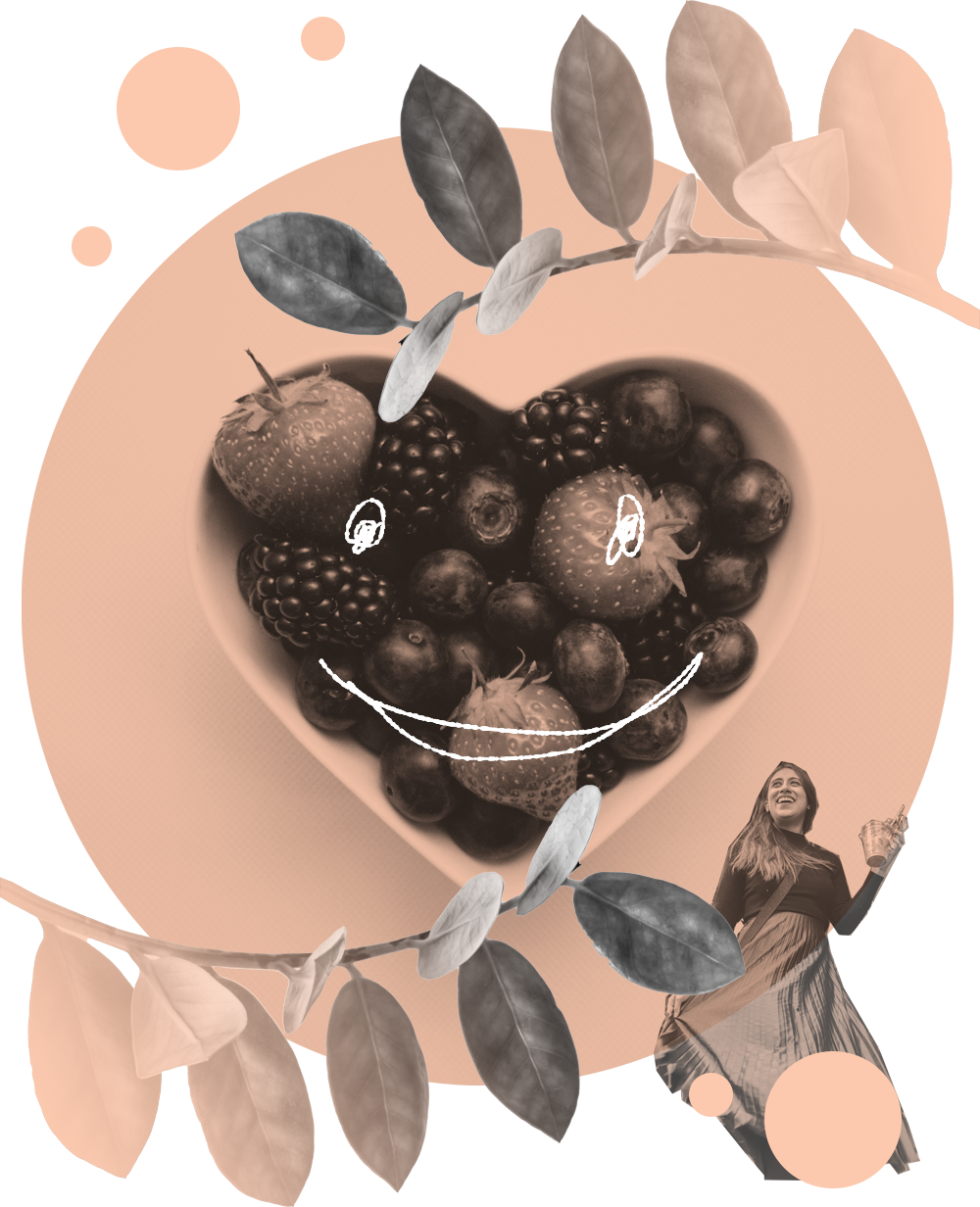 An illustration of a woman surrounded by fruit and plants